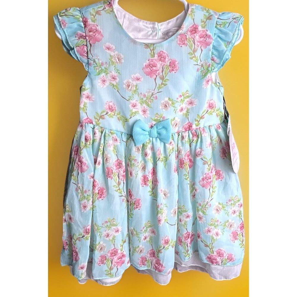 Nannette Baby NWT $54 Blue Dress Lined Roses Linen Feel Layers Spring Easter 24m
